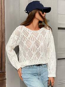 EMERY ROSE 女士钩针编织圆领轻薄镂空长袖水钻装饰性感针织毛衣，秋冬针织套头衫 - 白色 - 查看 6