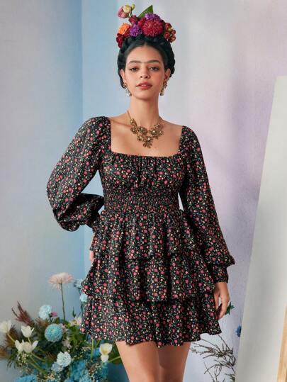 Frida Kahlo X SHEIN X Designer RAUL OROZCO Boho Bohemian Ditsy Floral Print Square Neck Lantern Sleeve Layered Hem Short Dress, Holiday, Party, Thanksgiving, Vacation, Spring, Festival