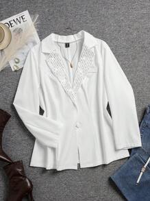 SHEIN Privé Plus Size Elegant Office Commute School Style Rhinestone Embellished Simple Long Sleeve Solid Color Blazer - White - View 1