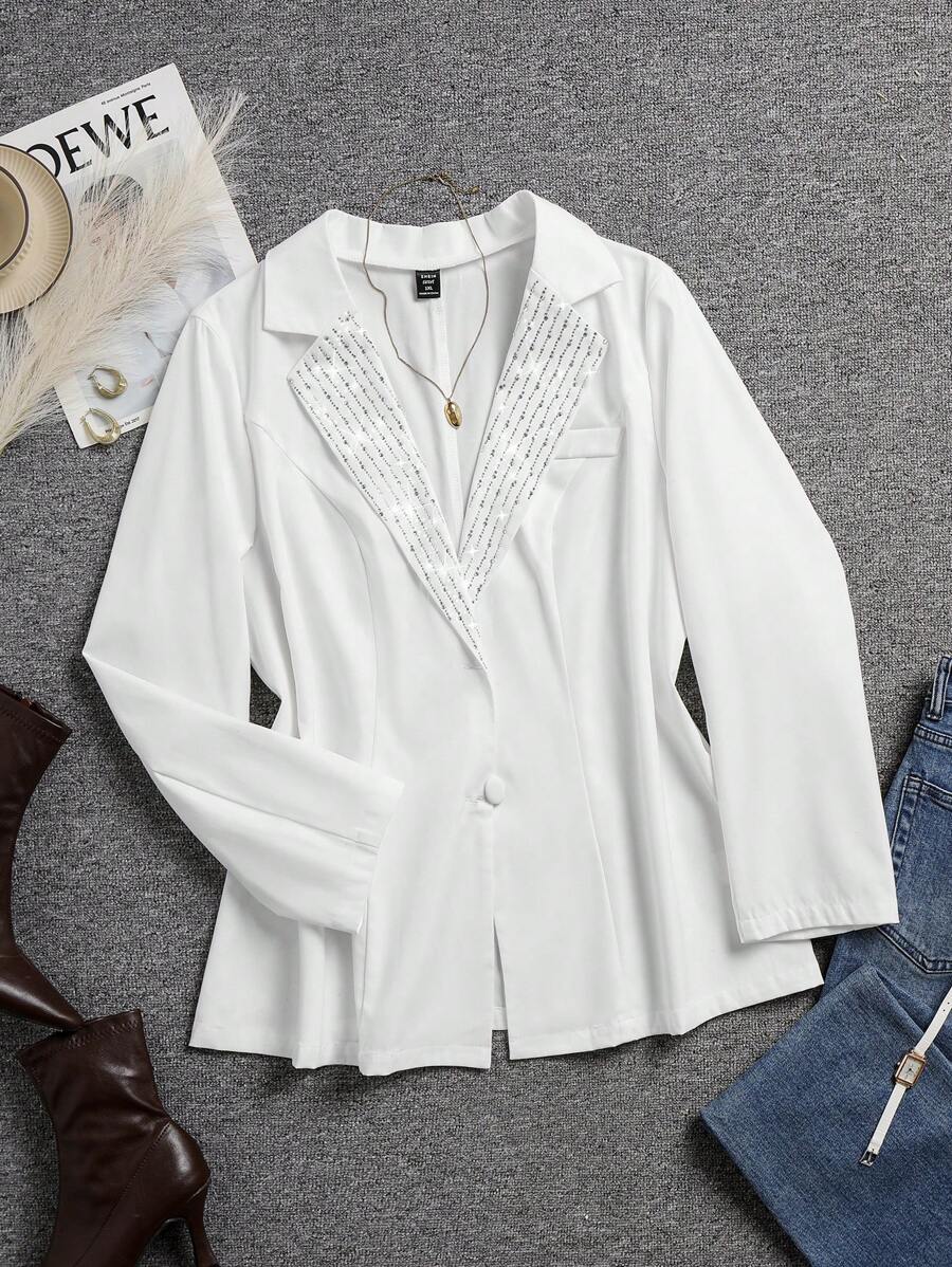 SHEIN Privé Plus Size Elegant Office Commute School Style Rhinestone Embellished Simple Long Sleeve Solid Color Blazer - White - View 1