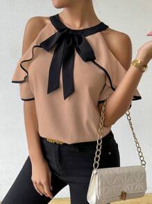 EMERY ROSE 女士系肩修身休闲优雅衬衫 - 棕色 - 查看 3