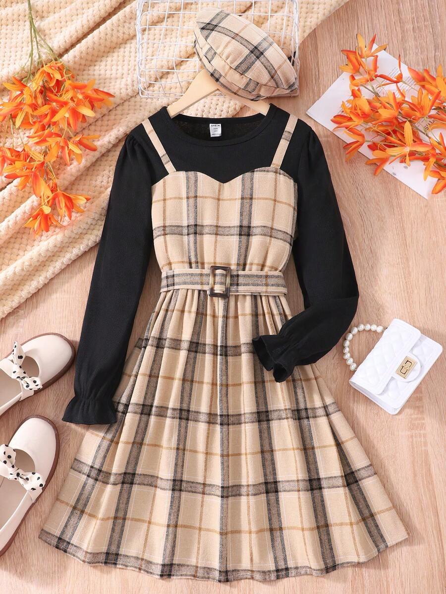 SHEIN Vestido casual de vacaciones de manga larga con parches de unicolor para niña preadolescente - Caqui - Ver 1