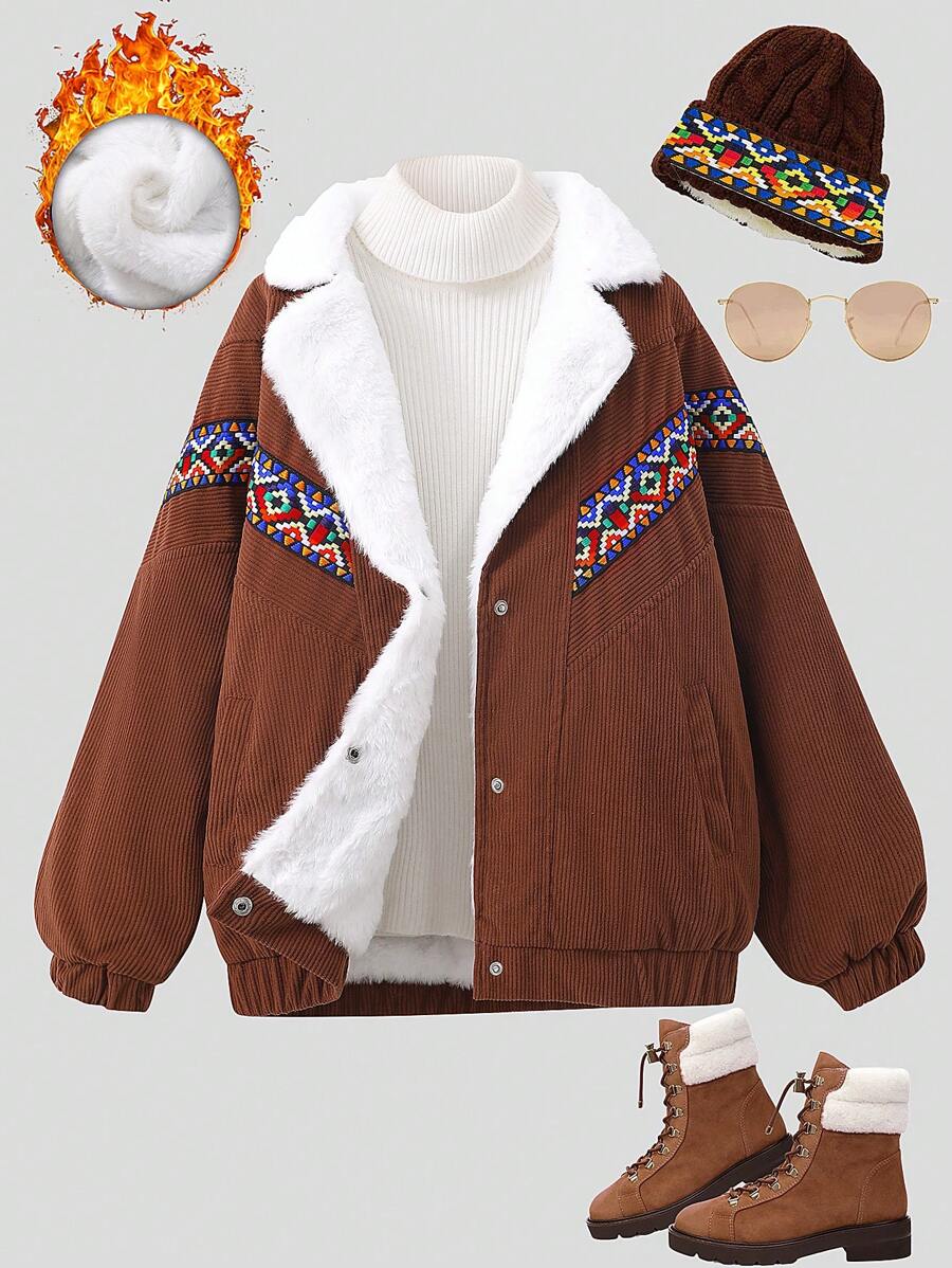 SHEIN 1pc Tween Girls Plain Patchwork Button Front Long Sleeve Casual Jacket