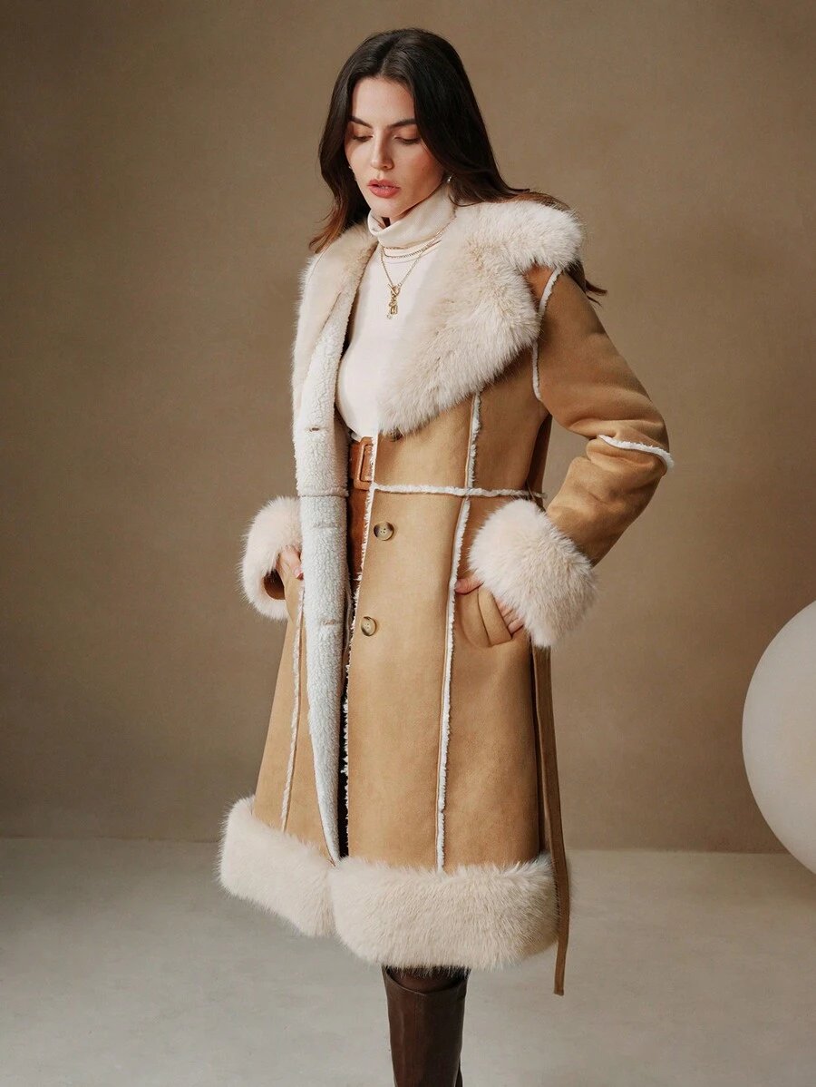 Anewsta Thickened Fluffy Trimmed Fluffy Furry Cinched Waist Regular Jacket For Women