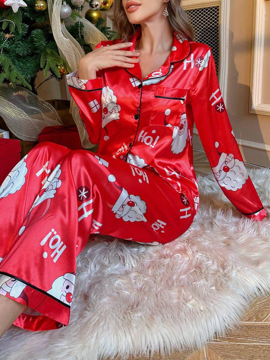 圣诞印花圣诞老人仿丝绸翻领上衣和裤子睡衣套装,秋冬服装 - 紅色 - 查看 1