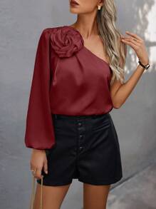 SHEIN Clasi 女士不对称领口露肩优雅3D花卉装饰衬衫单肩上衣秋季女装 - 酒紅色 - 查看 5