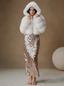 Anewsta 秋冬新款优雅淑女仿狐狸毛大衣时尚女式毛绒外套