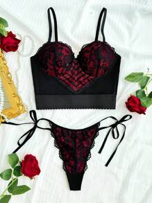 SHEIN Women's Heart Shaped Lace See-Through Bra And Set, Can Be Worn Outerwear, Lingerie - Multicolor - View 7