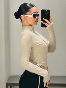 SHEIN ICON Casaco Cropped Slim Fit com Zíper de Manga Longa e Cor Sólida, Conjunto Casual Esportivo de Outono para Mulheres Estilo Y2k - Damasco - Visão 5