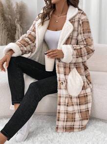 SHEIN LUNE Women's Regular Plaid Fleece Long Jacket For Autumn & Winter