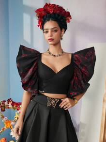 KATHARSIS Frida Kahlo X SHEIN X Designer Áo crop top hở nách in hình chim, Ngày lễ, Lễ tạ ơn, Mùa xuân & mùa hè, Đi chơi, Lễ hội - màu đen - Xem 7
