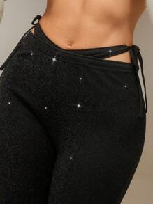 SHEIN Unity Quần đen nữ có cạp chữ V bằng chỉ vàng và bạc, quần ống loe bó, quần áo mùa thu, Halloween - màu đen - Xem 8