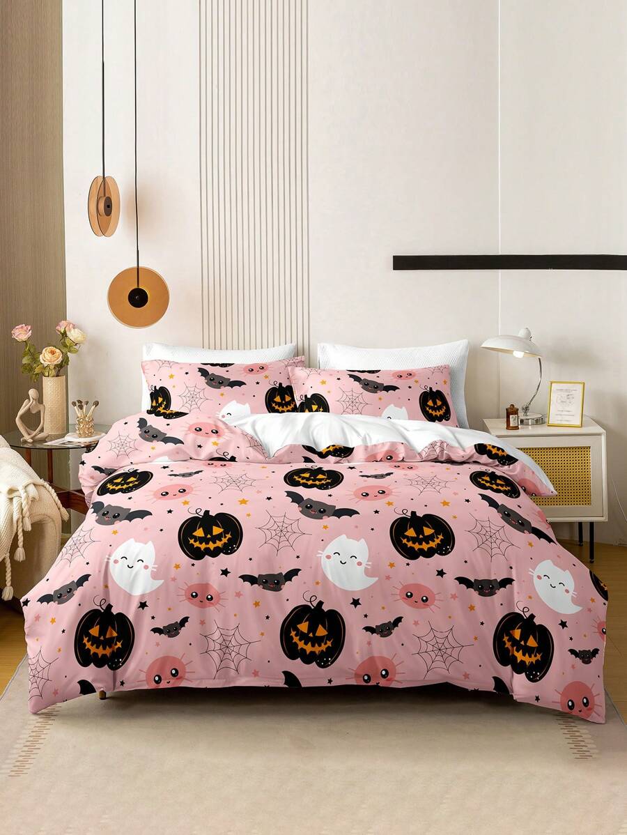 3 件套万圣节可爱鬼南瓜数码印花羽绒被套套装（1 个羽绒被套和 2 个枕套）柔软亲肤羽绒被套床上用品套装，适合家庭使用，四季床单套装万圣节礼物 - 彩色 - 查看 1