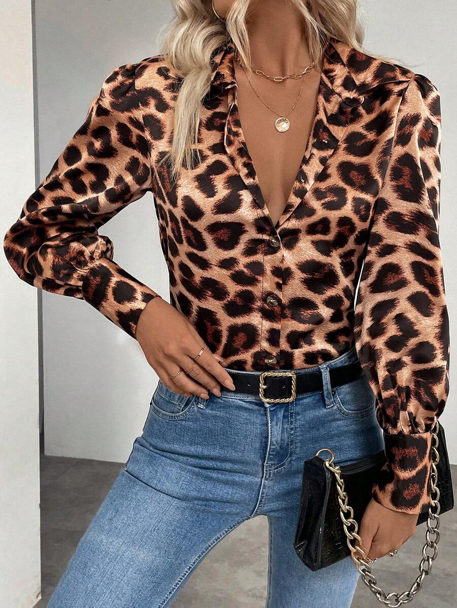 SHEIN LUNE Áo cánh tay dài rộng rãi họa tiết da báo mùa xuân và mùa hè cho nữ - Nhiều màu - Xem 1