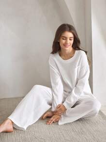 Ocili Leisure Women's Solid Color Drop Shoulder Long Sleeve Pocket Shirt And Pants Loungewear Set - White - View 6