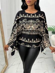 SHEIN Clasi Đầm dài tay cổ tròn in họa tiết toàn thân cho nữ (Cắt hoa ngẫu nhiên) - màu đen - Xem 4