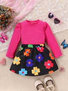 女婴优雅高领罗纹上衣，泡泡袖和花卉印花裙套装，秋冬 - 彩色 - 查看 1