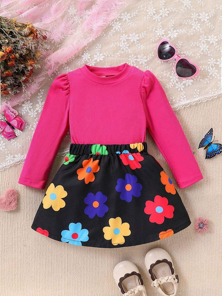 女婴优雅高领罗纹上衣，泡泡袖和花卉印花裙套装，秋冬 - 彩色 - 查看 1