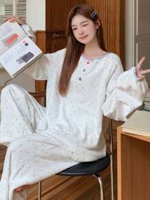 DAZY Polka Dot Print Velour Fabric Colorful Button Decor Pajama Set