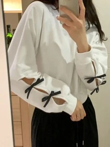 DAZY Women's Solid Color Crew Neck Short Hollow Out Bowknot Decor Sweatshirt,Fall Clothes