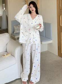 DAZY Cute Heart Print Pajama Set - White - View 5