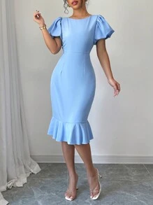 Selianne Women's Elegant Solid Color Ruffle Hem Petal Sleeve Dress, Summer - Blue - View 6