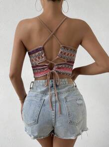 Breezaya Áo hai dây hở lưng in họa tiết hoa ngẫu nhiên ôm vừa vặn cho nữ - Nhiều màu - Xem 3