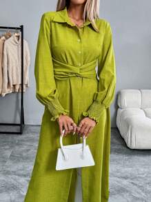 Calvaya Long Sleeve Button-Up Long Shirt With Waist Twist Detail