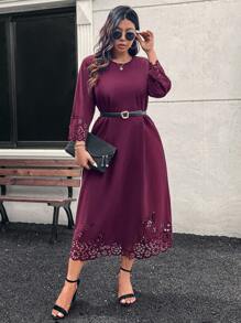 SHEIN LUNE Shell Trim Floral Embroidered Long Sleeve Midi Dress Plus Size Winter Clothes
