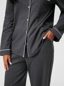 LUVLETTE 秋冬季柔软100%纯棉基本款长款披肩领睡衣套装，女士家居服套装，带口袋长裤，秋季睡衣 - 深灰色 - 查看 4