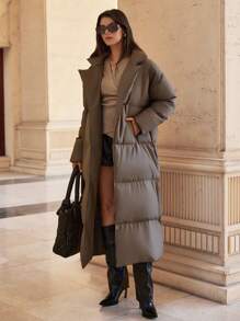 RueChic 女士纯色翻领长袖休闲宽松棉服外套，冬季 - 米色 - 查看 5