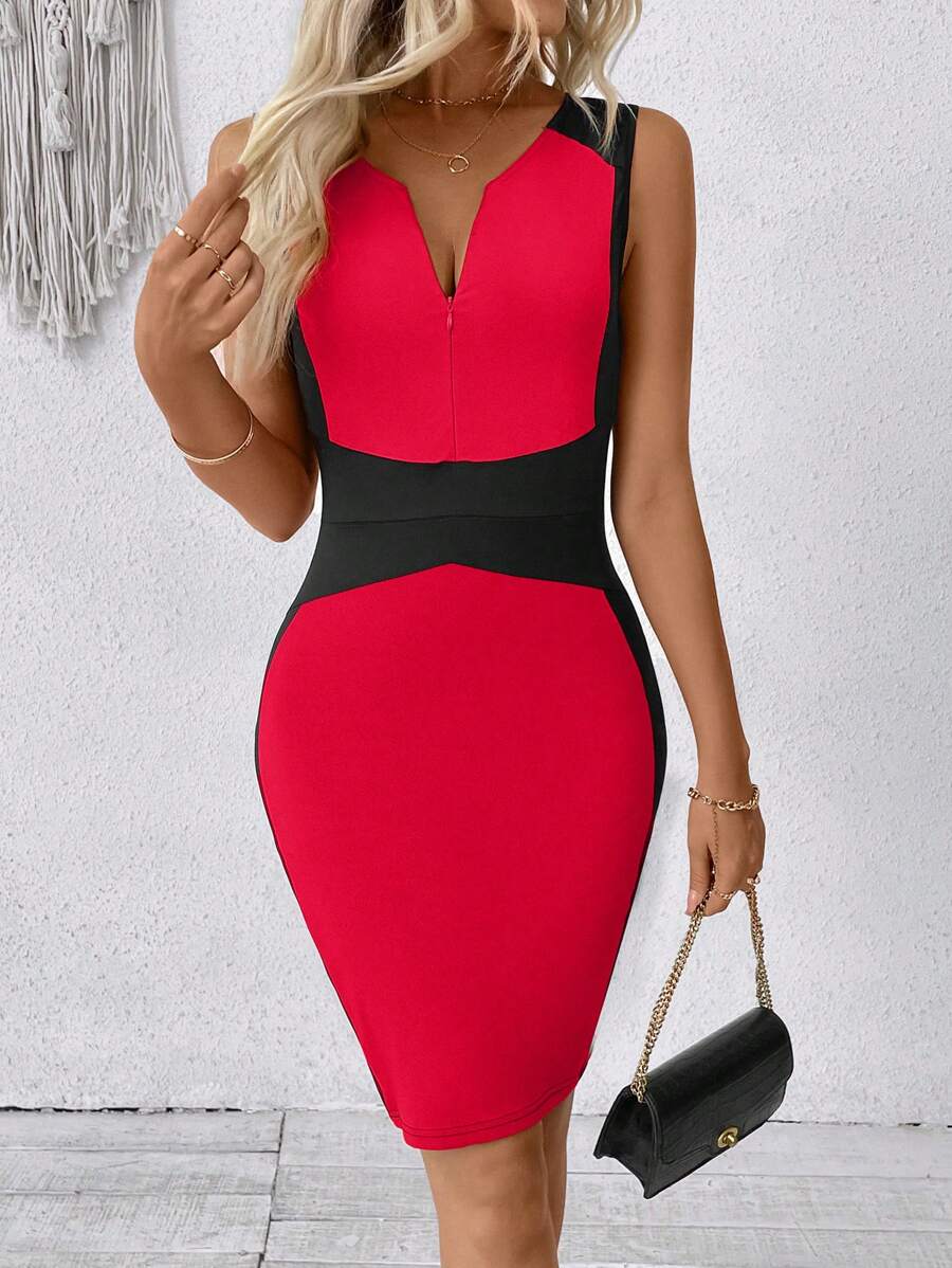 SHEIN Unity 女式夏季优雅撞色拼接修身无袖中长连衣裙