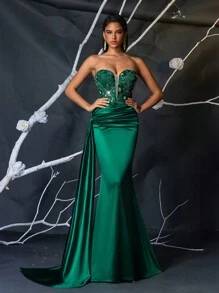 SHEIN Belle Elegante vestido de cola de sirena de satén brillante con pliegues en la cintura alta, cuello en V profundo y aplicaciones de lentejuelas tridimensionales verdes de lujo, adecuado para todas las ocasiones formales, cena de industria pesada, baile de graduación, invitado de boda - Verde - Ver 5