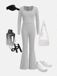 Tween Girls Fashion Streetwear Solid Color Square Neck Long Sleeve Jumpsuit