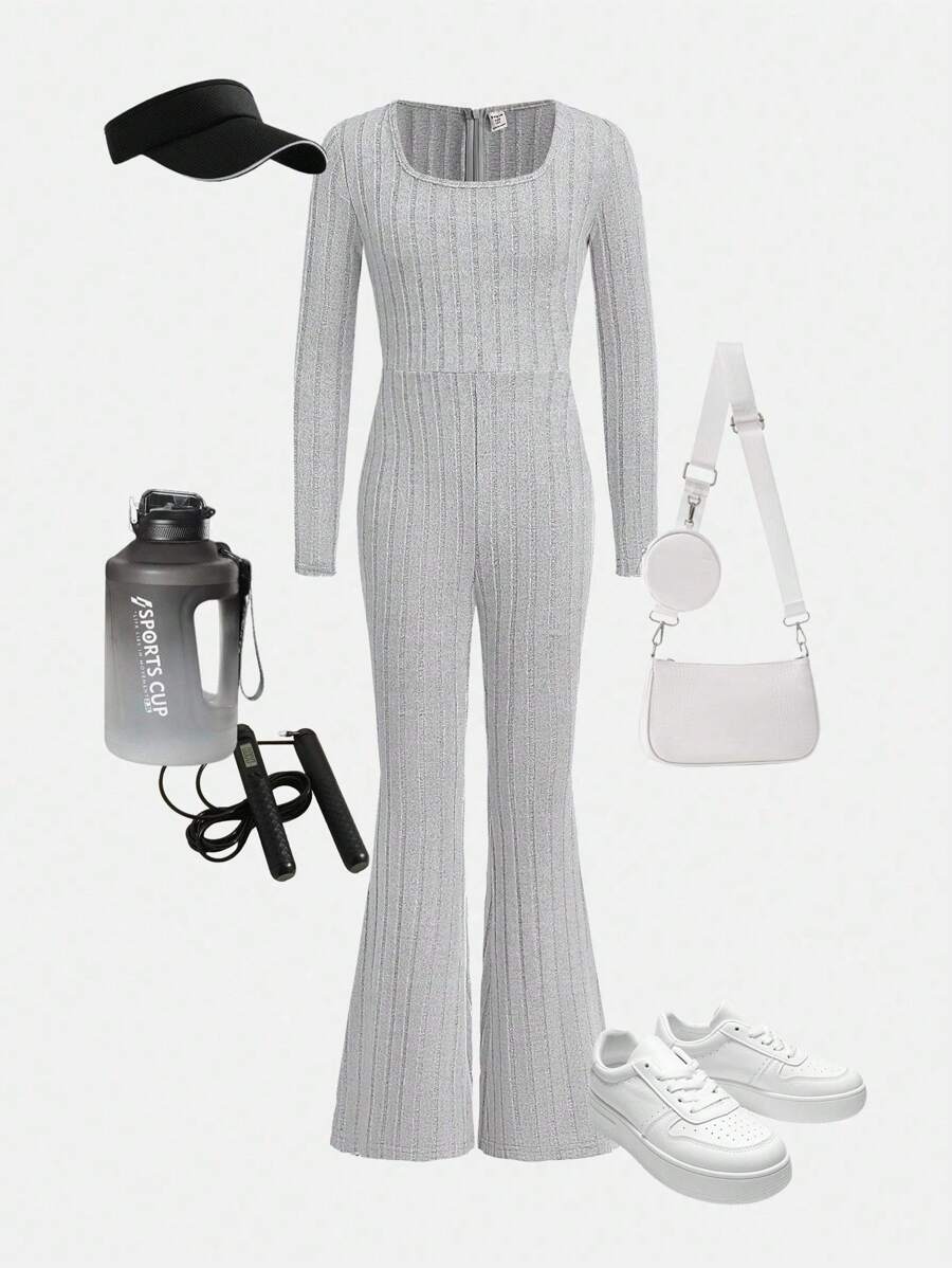 Tween Girls Fashion Streetwear Solid Color Square Neck Long Sleeve Jumpsuit