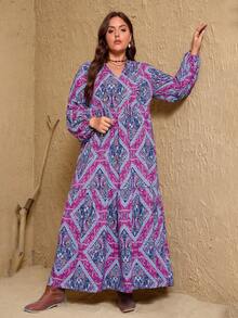 Plus Size Purple Casual Printed Dress For Women - Purple - View 6