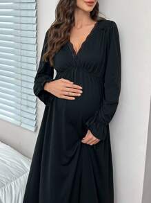Moonlight&Mama Lace Patchwork Deep V-Neck Ruched Design Flare Sleeve Maternity Nightgown, For Fall, Winter - Black - View 3