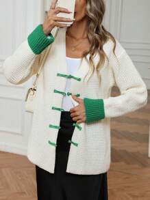 Aveloria Women's Fall & Winter Color Block  Crochet Chunky Knit V-Neck  Open Front Loose Cardigan Outerwear Coats - Beige - View 3