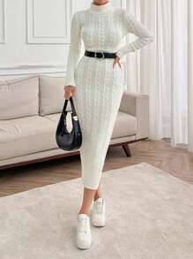 SHEIN Cottnline Elegant Cable Knit Pattern Long Fitted Sweater Dress, Autumn Winter - Beige - View 1
