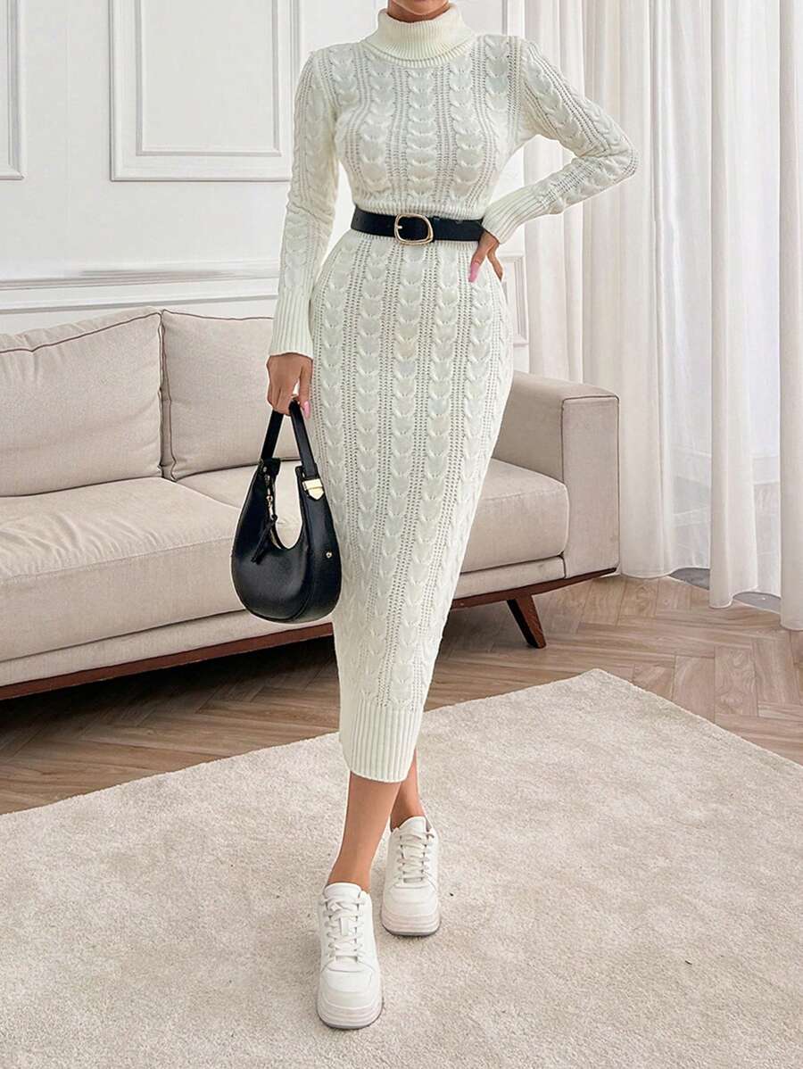SHEIN Cottnline Elegant Cable Knit Pattern Long Fitted Sweater Dress, Autumn Winter - Beige - View 1