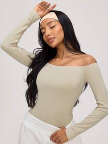 SHEIN BASICS Casualowy, jednolity kolor, dzianinowy, odkryty dekolt, body dla kobiet - Morela - Zobacz 3