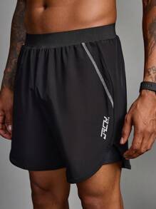 Manfinity Sport Corelite 男友风男士纯色拼接印花休闲运动短裤健身服运动裤黑色短裤 - 黑色 - 查看 1