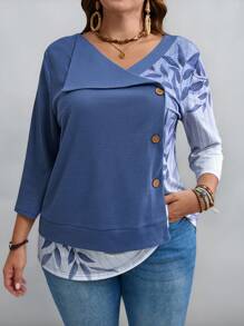 EMERY ROSE Camiseta de manga larga de otoño con estampado y unicolor para mujer talla grande - Azul - Ver 1