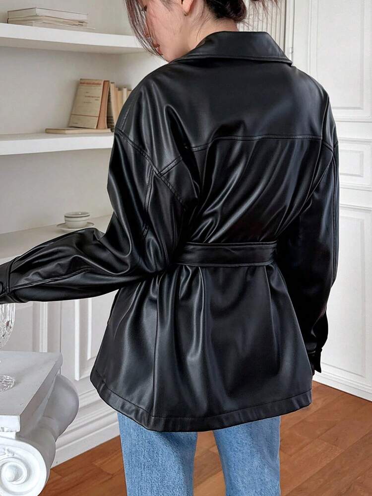 Black Casual Street Style Faux Leather Jacket For Women,Fall Clothes Women Coats