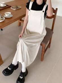 FRIFUL Women's Solid Color Simple Casual Strap Corduroy Overall Dress Sundress