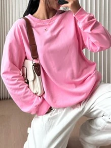 SHEIN EZwear Casual Solid Color Knitted Round Neck Loose Fit Sweatshirt For Women