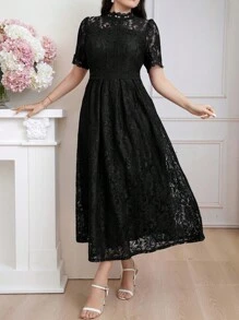 Modelyn 大码女式夏季立领蕾丝泡泡袖优雅连衣裙长款晚礼服 - 黑色 - 查看 6