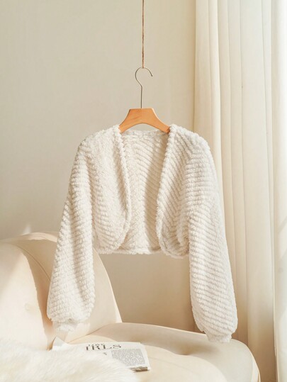 SHEIN Tween Girls Casual Fuzzy Loose Bat Wing Cropped Cardigan, Warm Textured Fabric, Relaxed Fit Long Sleeve Outerwear, Apricot Color Girls Shrug Kids Cardigan For Girls Girls Faux Fur Shrug,In Fall/Winter