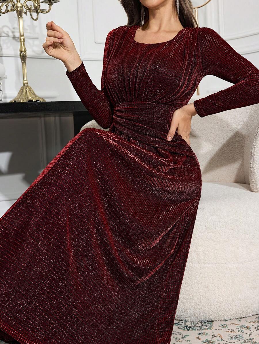 Modelyn Women Elegant Solid Color Round Neck Long Sleeve Ruched Waist Dress, Spring Summer Long Evening Dresses - Red - View 1