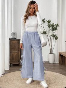 SHEIN LUNE Women's Casual Regular Striped Basic Daily Lace-Up Slit Leg Pants - Blue and White - View 6